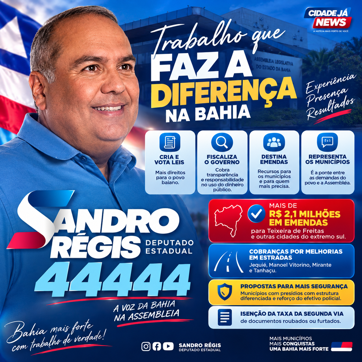 “SANDRO RÉGIS MOSTRA SERVIÇO: experiência, fiscalização e recursos marcam trajetória na Assembleia”