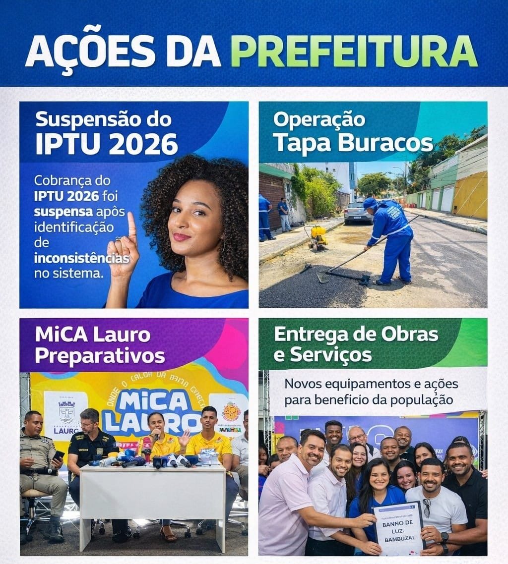 *Os principais acontecimentos da cidade* Em fevereiro de 2026, Lauro de Freitas destaca-se pela suspensão temporária da cobrança do IPTU 2026 e avanços em infraestrutura, como o Programa Banho de Luz. A cidade registrou aumento no emprego com 6,9 mil postos gerados e intensifica preparativos para o Carnaval e eventos pré-carnavalescos, com foco em segurança.